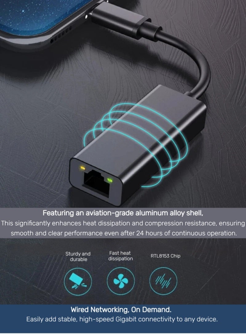 Aura Select Type-C to RJ45 1000Mbps Ethernet Adapter for Macbook Huawei Matebook Tablet Phone, USB-C to LAN Converter, Stable Wired Internet for Gaming Office, Aluminum Shell Gold Plated Port - Image 3